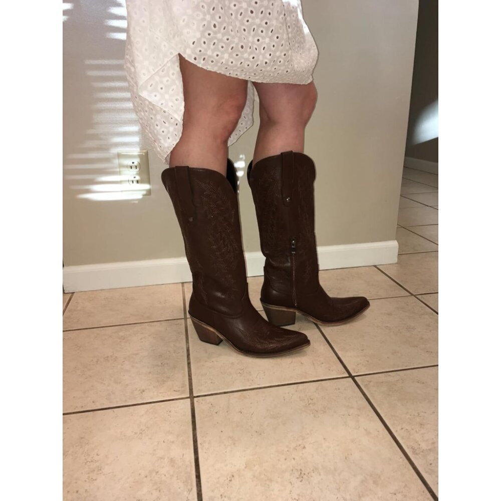 🆕Women's Brown Polyurethane Cowboy Side Zipper Knee High  Chunky Heel Boots